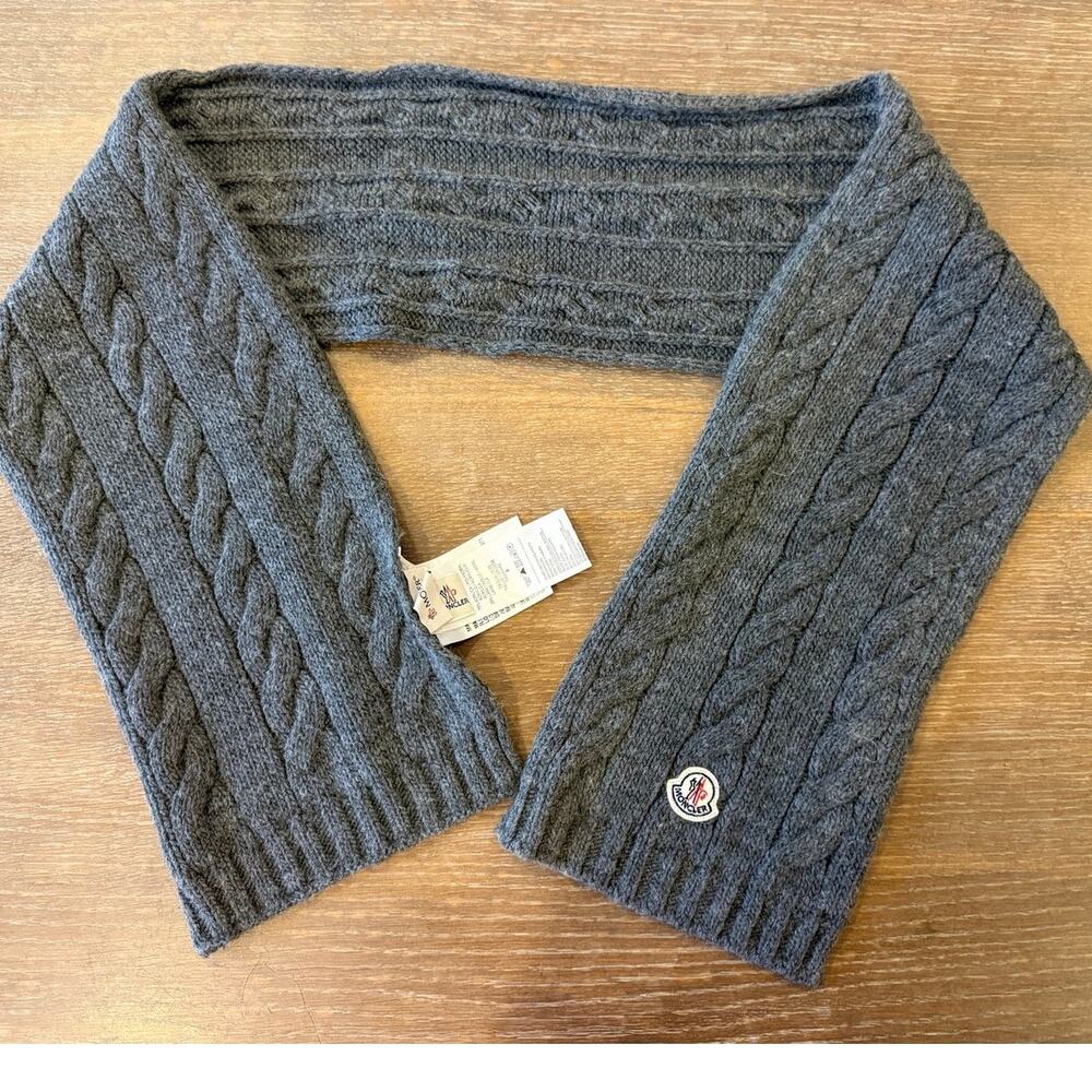 MONCLER Gray Cable Knit Scarf Kids 50 inches Wool Blend